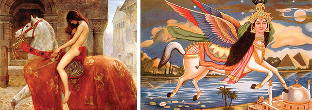 Left: Lady Godiva, Oil on canvas, 142.2 x 183 cm 1898, Herbert Art Gallery and Museum Image source: Wikipedia Right: Buraq, an Islamic mythical creature Image source: www.harekrsna.de