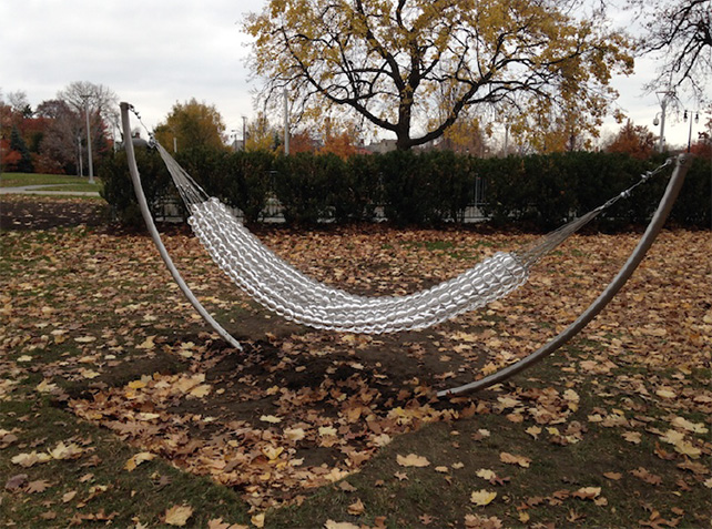 Pinaree Sanpitak, The Hammock, 2014/15, Unique Edition of 3, blown glass and steel, hanging position approximately 410 (l) x 120 (w) x 190 (h) cm Produced as part of Pinaree Sanpitak's Guest Artist Pavilion Project (GAPP) artist residency at the Toledo Museum of Art, Ohio, USA 2014