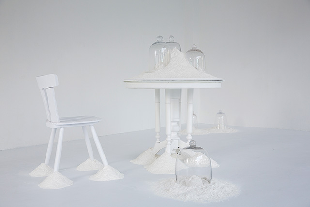 Ezzam Rahman, Allow me to introduce myself, 2015, Performative installation with talcum powder, second-hand furniture and glass bell jars, Dimensions variable, Singapore Art Museum commission, Collection of the Artist Image credit: Singapore Art Museum
