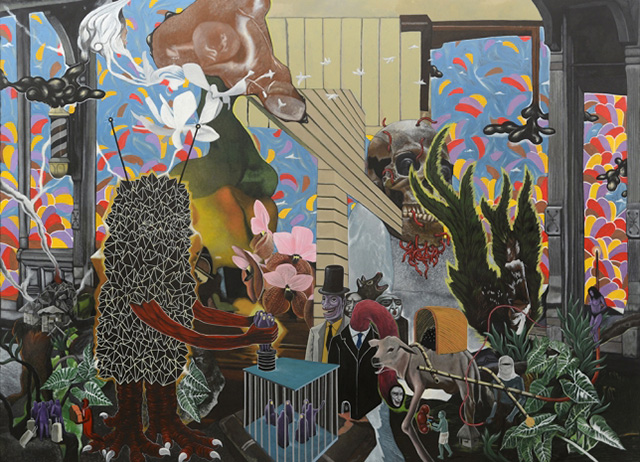 Rodel Tapaya, Slave Broker, 2015 acrylic on canvas, 243,84 × 335,28 cm