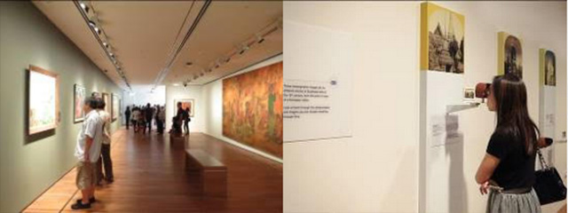 Images from left to right: Visitors exploring the DBS Singapore Gallery. Image on right: A visitor exploring the UOB Southeast Asia Gallery.
