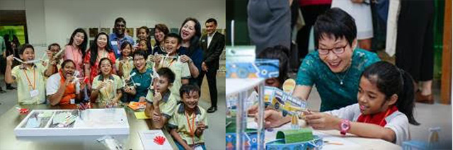 Images from left to right: Minister Grace Fu and children showcasing their completed pocket sculpture at the Children’s Museum in the Keppel Centre for Art Education. Image on right: Minister Grace Fu with a student creating the “Nomadic Bus” at the Project Gallery in the Keppel Centre for Art Education.