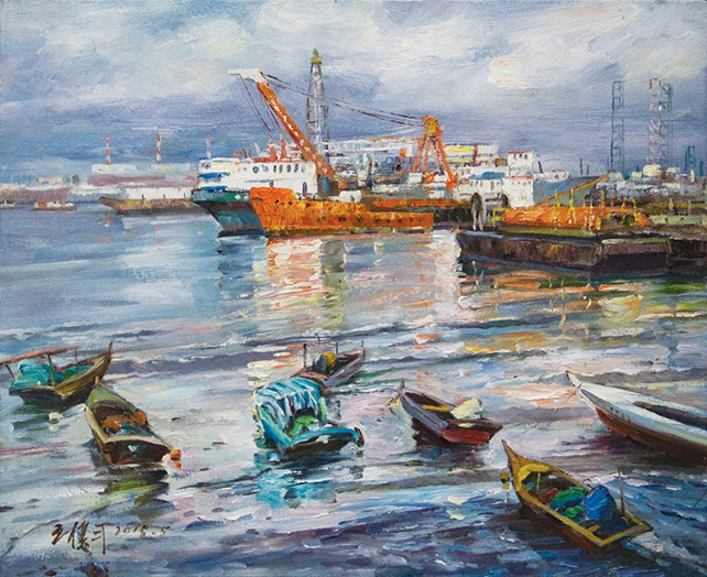Wang Mo Ping, Bustling West 繁忙的西海岸, Oil on canvas, 54 x 65 cm, 2015